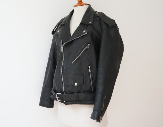 80s Cellini Black Leather| Vintage patchwork like Biker Leather coat| Unisex Hipster Winter jacket