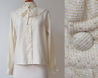 Ivory Gold High Necked 80s Vtg. Frill Blouse // Ruffles & Tie Band