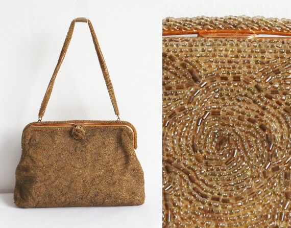 60s Golden Beaded Vintage Bag With Golden Closure
