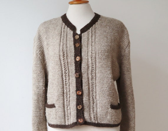 Beige/Brown Hand Knitted Vtg. Wool Cardigan // Kn… - image 1