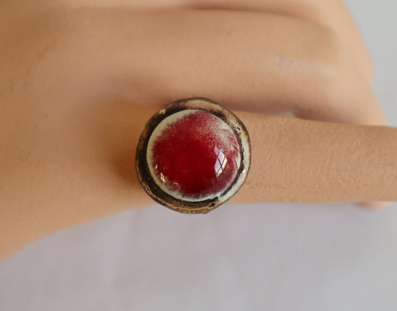 Raw 70s Pewter Vintage Ring With RedWhite Stone Adjustable Fits All