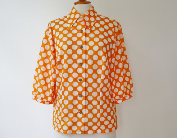 Orange Vtg. Blouse With Big White Polka Dots // Bi