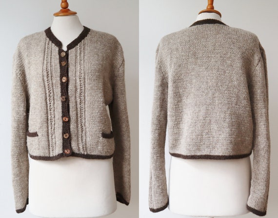 Beige/Brown Hand Knitted Vtg. Wool Cardigan // Kn… - image 3