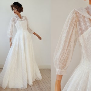Very Beautiful White 50s Vintage Dress With Taffeta Strap Dress // 2 Piece Wedding Dress With Tulle Neck Line // Made In Denmark