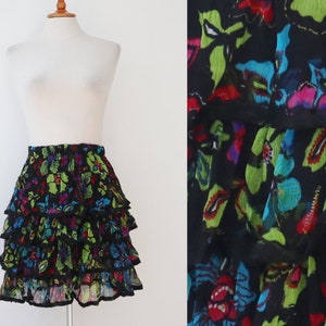 Black Vtg. SILK Mini Skirt With Bright Colored Print & Black Lace Ribbon // Size M // Made In Italy