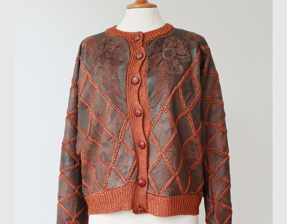 Brown 80s Leather/Knit Patch Work Cardigan //Batw… - image 9