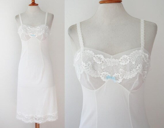 White 60s Slip Dress With Lace & Light Blue Bow // Solida Elegant