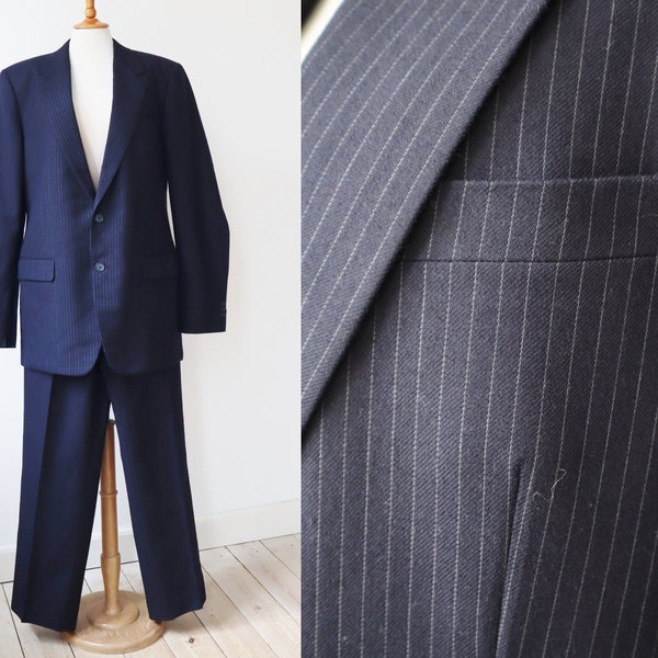 Black Pin Striped Mens 2 Piece Suit // "Bee Chow" Custom Taylors // White Stripes // Flared Pants & Jacket // Size L // Made In Hong Kong