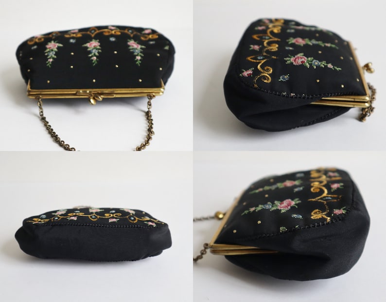 Beautiful 50s Hand Embroidered Petit Point Top Handle Bag With Roses // Golden Closery zdjęcie 6