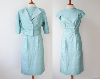 Light Blue 60s 2 Piece Set // Dress & Jacket // Size M // Handmade In Ebbas Syatelje