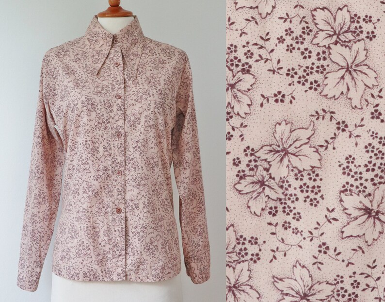 Pale PinkBrown 70s Vintage Lady Shirt With Leaves Big Collar Made In Denmark