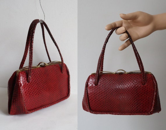 Red 50s Leather/Reptile Top Handle Bag // Snake Sk