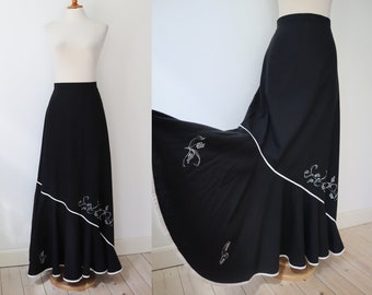 Black 70s Vtg. Maxi Skirt With White Hand Painted Decor // Ninette Design // High Waisted Skirt // Made In Denmark
