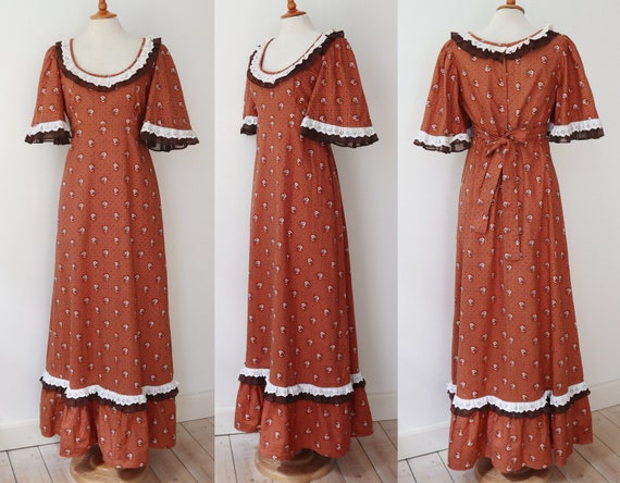 Brown 70s Vtg. Maxi Dress With White Floral Print… - image 2