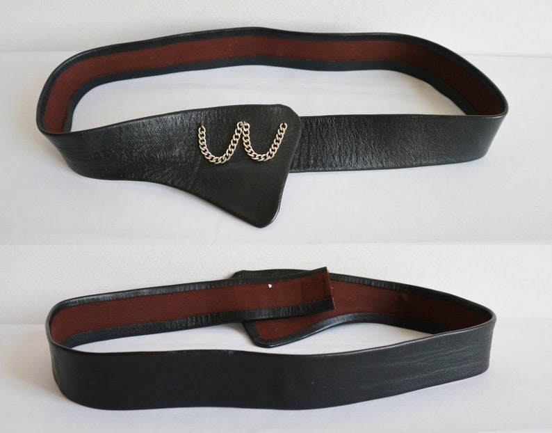80s Vtg Leather Belt With Silver Metal Chains