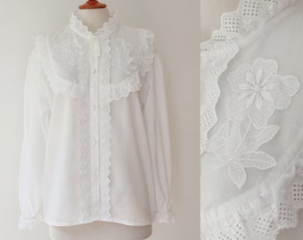 White 80s Blouse With Broderie Anglaise Inserts Floral Appliqués & Bow // Bead Buttons // Coins // Size L