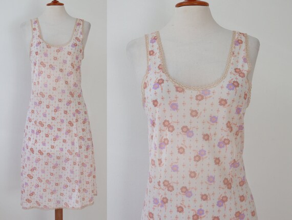 Ivory 60s Slip Dress With Purple Brown Pink Flora… - image 3