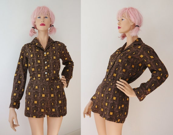 Brown 50s60s Vtg. 2 Piece Set With Yellow Print /… - image 2