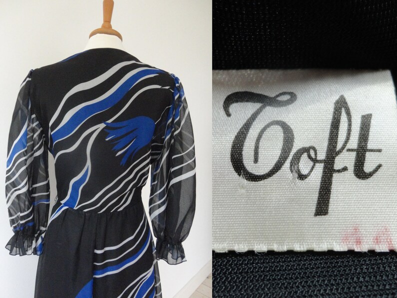 Black 70s Sheer Maxi Vintage Dress Graphic Print In Blue /& White Toft Made In Denmark