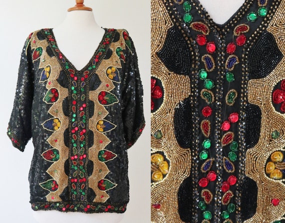 Black  80s Vtg. Top With Red Green Yellow Blue An… - image 1