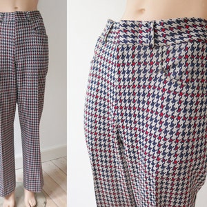 Beige/Ivory 90s Herren Vtg. Hose mit Hahnentritt-Muster In Blau/Rot // Gerade geschnittene Schlaghose // Gr. L