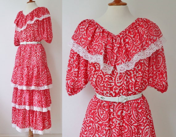 70s Vintage Maxi Dress // Red White Paisley Print… - image 3