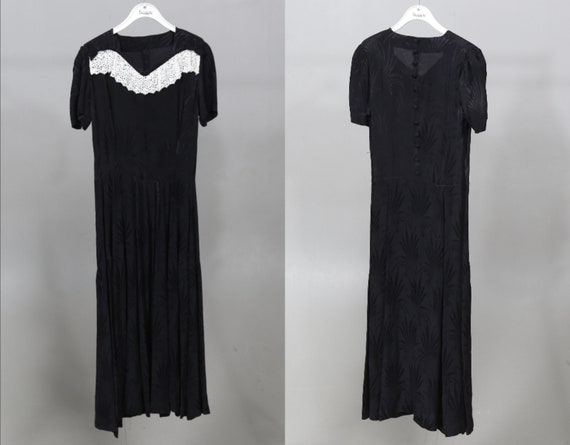 Black 40s Vintage Maxi Dress With White Lace Bows… - image 2