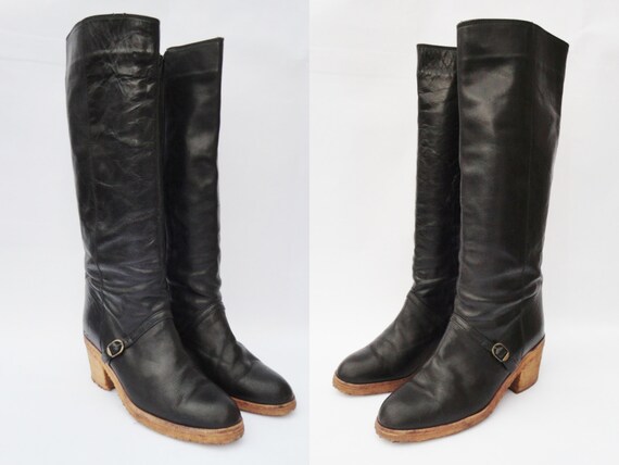 Black 70s Platform Leather Boots With Rubbersole A