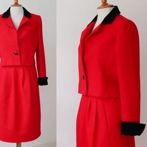 Bright Red 80s Vtg. 2 Piece Set  // Skirt & Jacket With Velvet Collar/Cuffs // Size S // Handmade