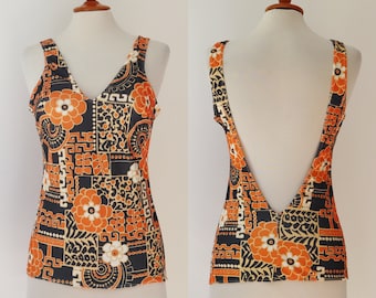 Black 70s Vintage Top With Orange Beige White Print // Bra Insert