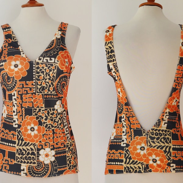 Black 70s Vintage Top With Orange Beige White Print // Bra Insert