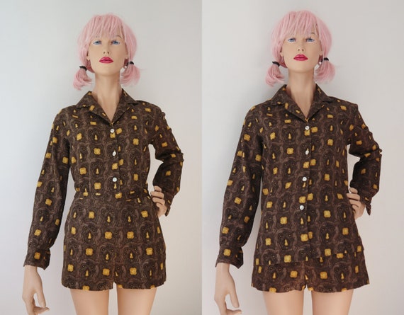 Brown 50s60s Vtg. 2 Piece Set With Yellow Print /… - image 3