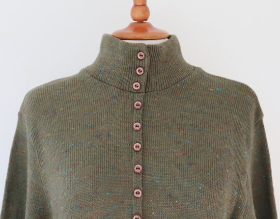 Olive Green 80s Knitted Vintage Wool Blouse With Buttons On Top  Paco Galwari  Turtleneck  Size 4042