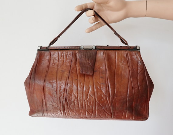 Spacious Brown 30s Vtg. Leather Top Handle Bag Wi… - image 2