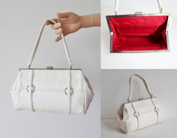 White 60s Vintage Vegan Top Handle Bag With Silver