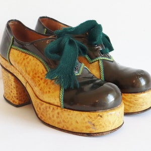 Italienische FERRADINI 1974 Glam Rock Schnürschuhe // Gelb & Metallic Braun // Türkis Lime Gelb Naht // Größe 7 - 39/40