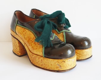 Italian FERRADINI 1974 Platform Glam Rock Lace Up Shoes // Yellow & Metallic Brown // Turquoise Lime Yellow Stitching // Size 7 -  39/40
