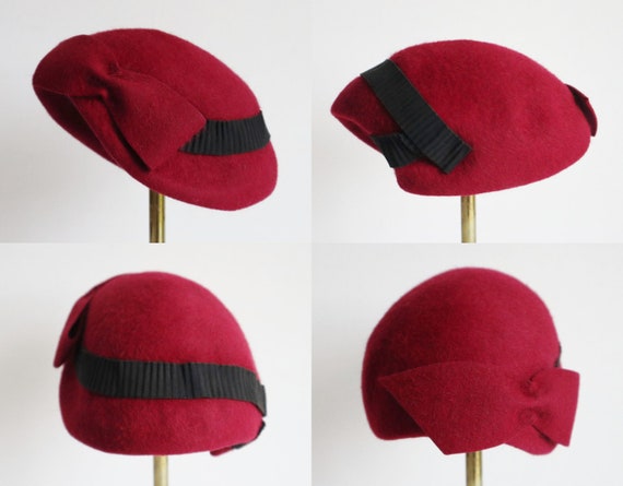 Red 40s Felt Hat With Bow & Black Waved Ribbon //… - image 2