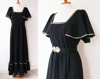 Negro años 70 Vtg. Vestido Maxi Con Lazo Dorado // Talla M