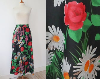 Falda Maxi Vintage 70s Negra Con Flores En Colores Fuertes // Talla L
