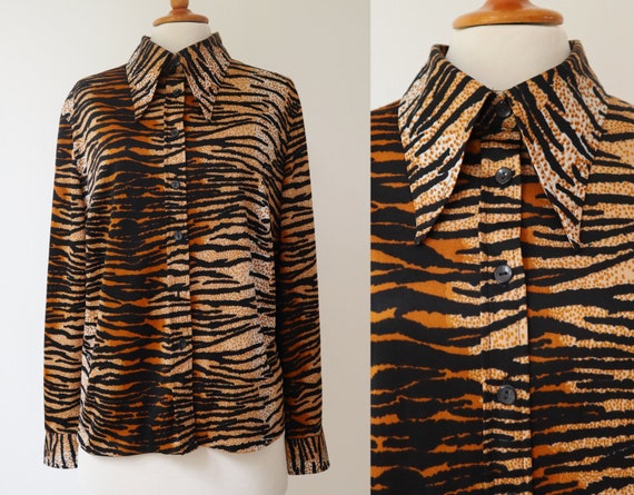 80s Vtg. Lady Shirt // Tiger Print // Big Collar