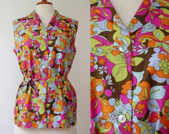 Colorful Sleeveless 70s Vintage Top With Belt // Size 40