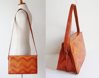 Light Brown Leather Bag With Burned Orange Waved Pattern & Mirror // Shoulder/Crossbody Bag With Adjustable Strap // Made In Morocco