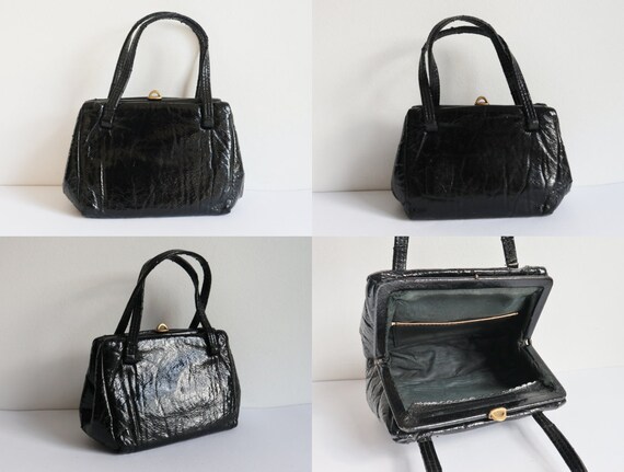 Black 60s Vintage Top Handle Vinyl Bag  // Golden… - image 4