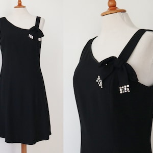 Schwarzes 60s Vintage Cocktail-Trägerkleid mit Strasssteinen // California // Größe S/M // Made In England