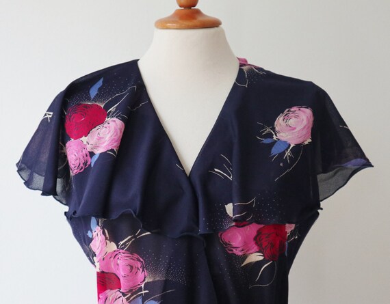 Blue 80s Vtg.  Dress With Red Floral Print // Blo… - image 6