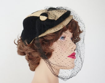 Black 40s50s Hat With Straw Parts Buttons & Veil // Illum Hats // Made In Denmark