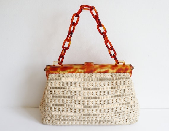 Stunning Ivory 60s Knotted Bag With Cognac Brown … - image 2