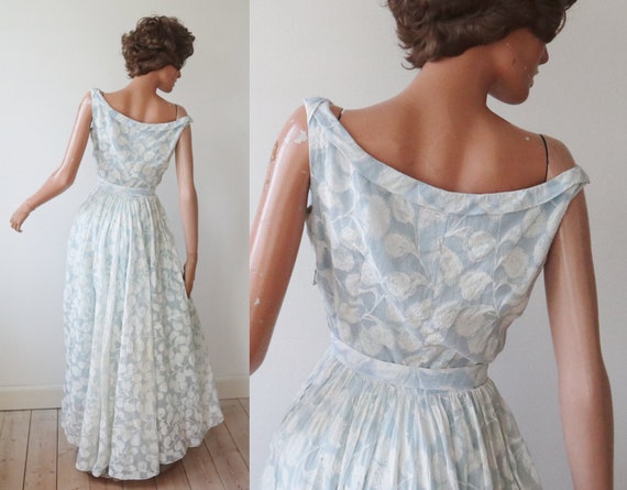 Pastel Blue Semi Sheer 50s Vtg. Maxi Dress With W… - image 3
