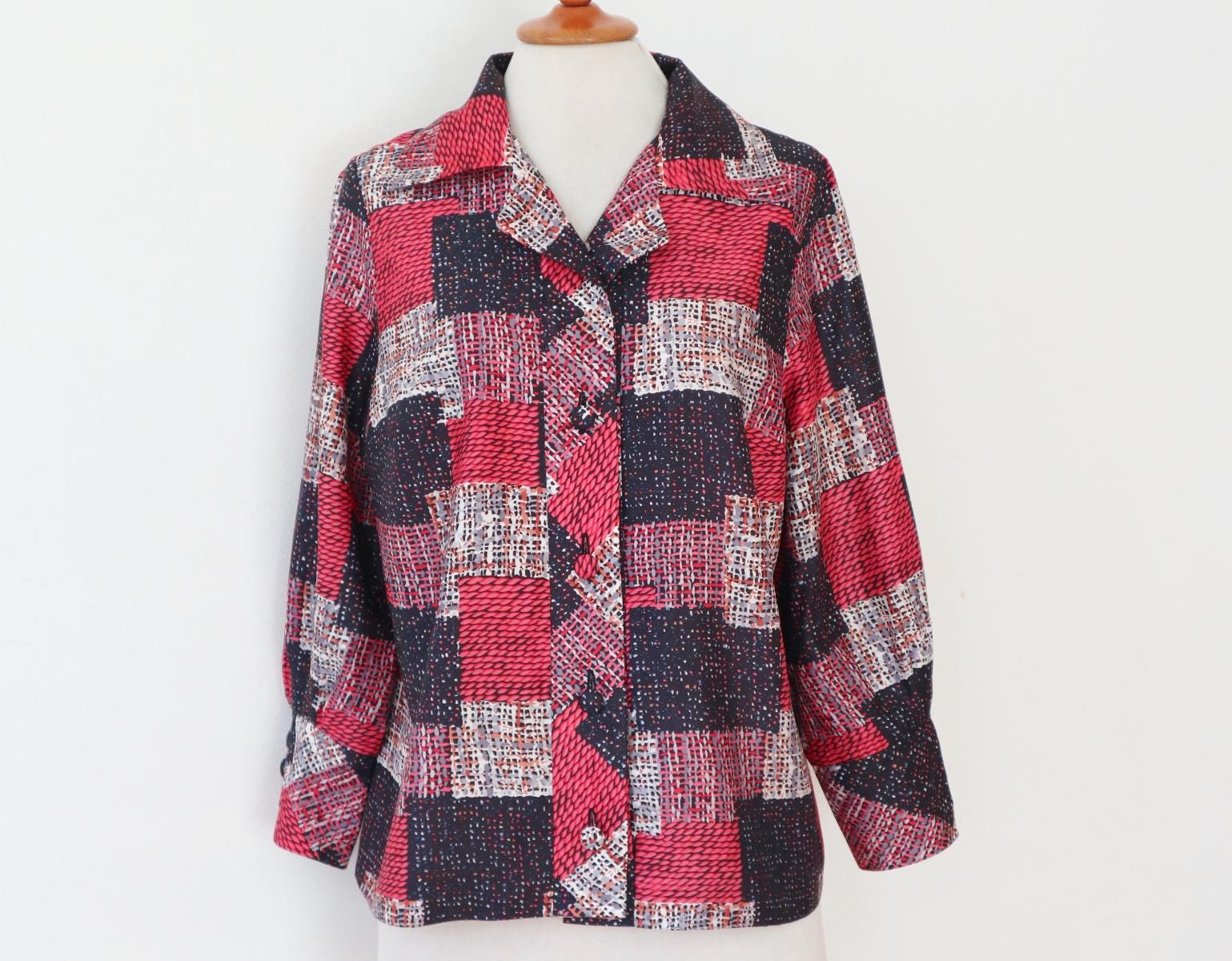 50s60s Lady Shirt With Different Patterned Checkered Pattern